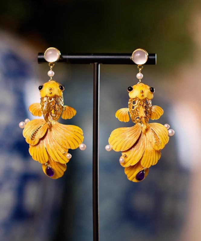 Retro Yellow Ancient Dharma Gold Pearl Enamel Crystal Hollow Out Brocaded Carp Drop Earrings ET029 JEW-EAR241204