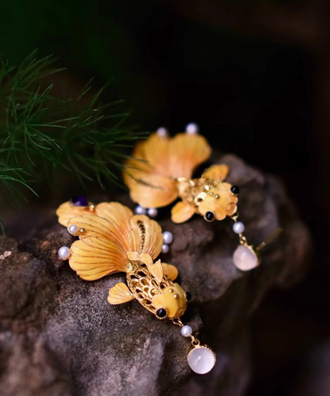 Retro Yellow Ancient Dharma Gold Pearl Enamel Crystal Hollow Out Brocaded Carp Drop Earrings ET029 JEW-EAR241204