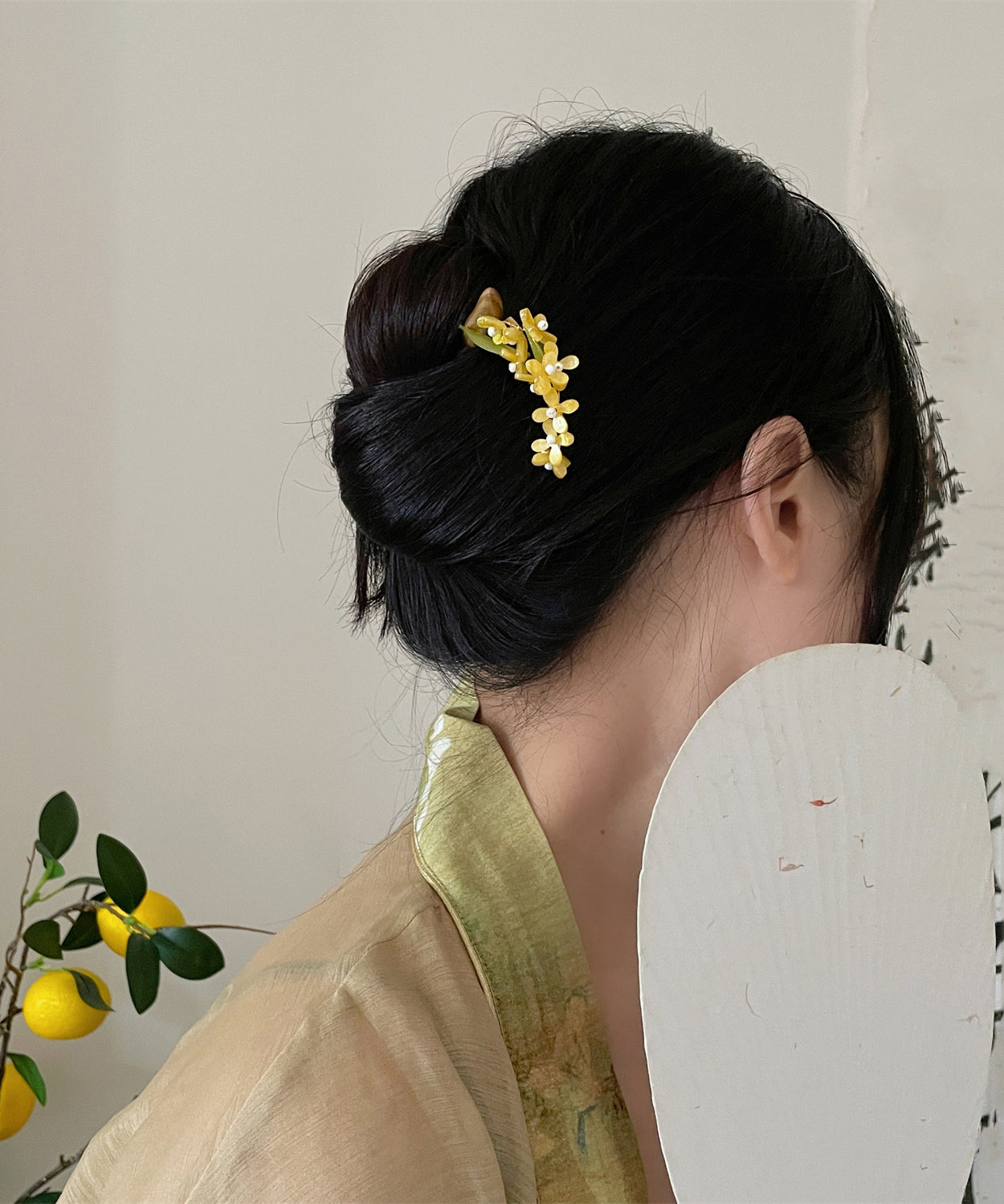 Retro Yellow Floral Green Sandalwood Hairpin ZZ026 JEW-HAI240613