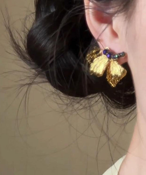 Retro Yellow Sterling Silver Overgild Butterfly Beading Stud Earrings YD007 ABC