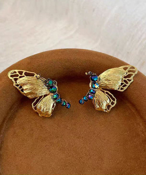 Retro Yellow Sterling Silver Overgild Butterfly Beading Stud Earrings YD007 ABC