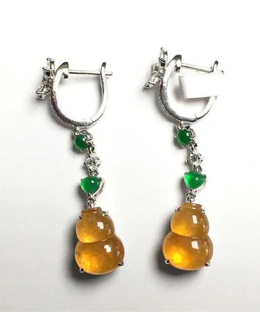 Retro Yellow Sterling Silver Zircon Jade Gourd Drop Earrings AC1049 Genistyle Shop