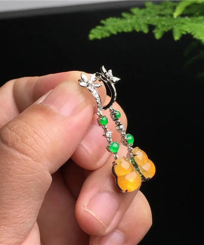 Retro Yellow Sterling Silver Zircon Jade Gourd Drop Earrings AC1049 Genistyle Shop