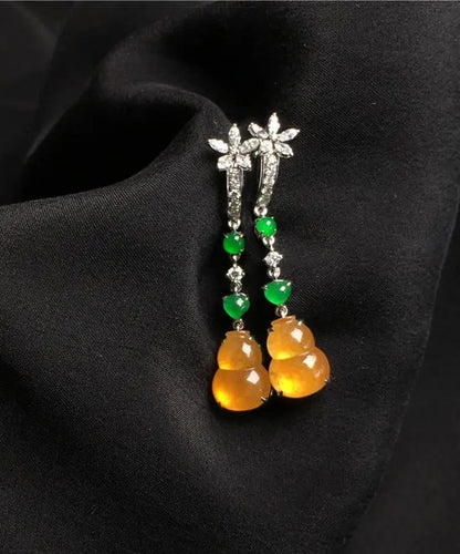 Retro Yellow Sterling Silver Zircon Jade Gourd Drop Earrings AC1049 Genistyle Shop