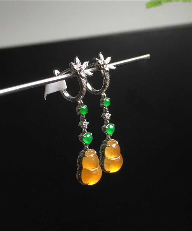 Retro Yellow Sterling Silver Zircon Jade Gourd Drop Earrings AC1049 Genistyle Shop