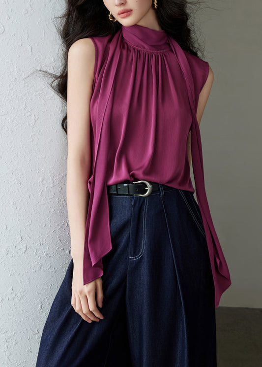 Wrinkled Rose Button Solid Silk Bow Blouses Summer FashionChic