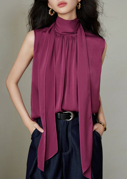 Wrinkled Rose Button Solid Silk Bow Blouses Summer FashionChic