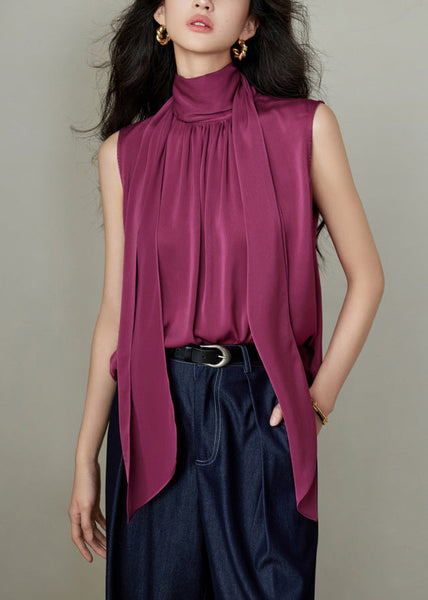 Wrinkled Rose Button Solid Silk Bow Blouses Summer FashionChic