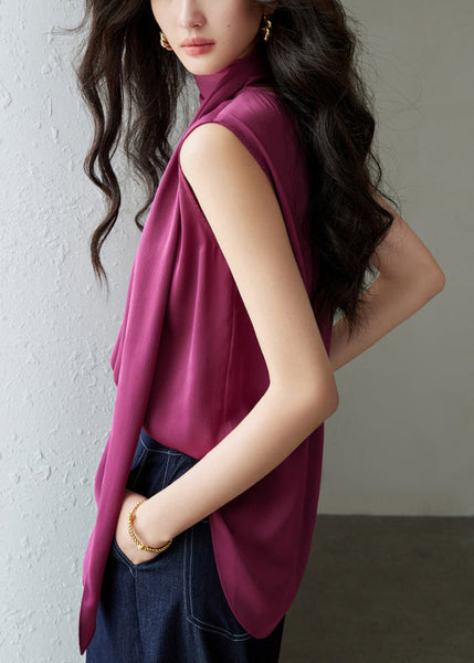 Wrinkled Rose Button Solid Silk Bow Blouses Summer FashionChic