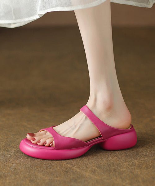 Cowhide Leather Sandals Chic Splicing Chunky Rose Slide FashionChic