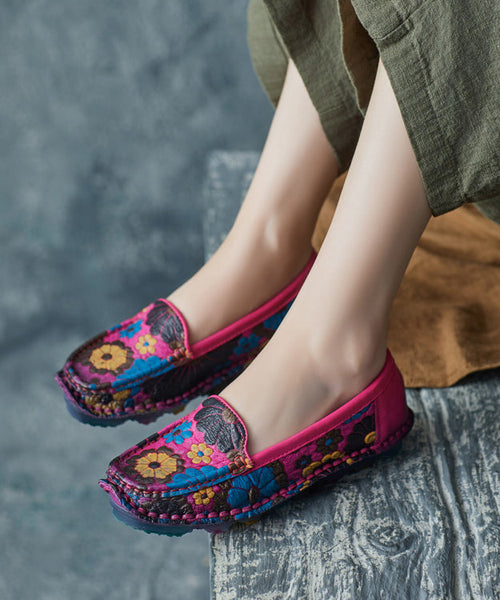 Rose Cowhide Leather Embossed Boho Handmade Flat Feet Shoes XC1031 Ada Fashion
