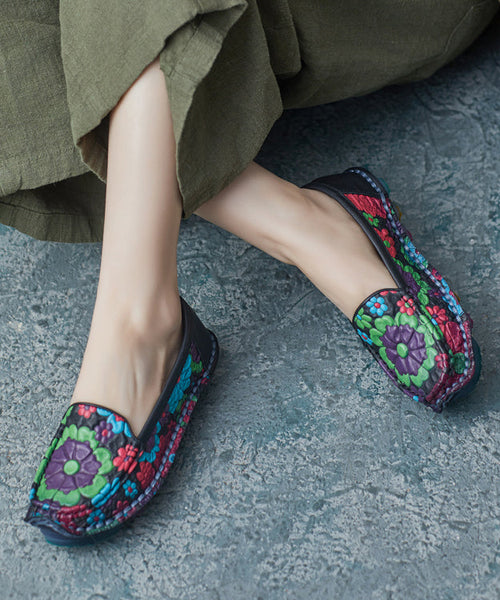 Rose Cowhide Leather Embossed Boho Handmade Flat Feet Shoes XC1031 Ada Fashion