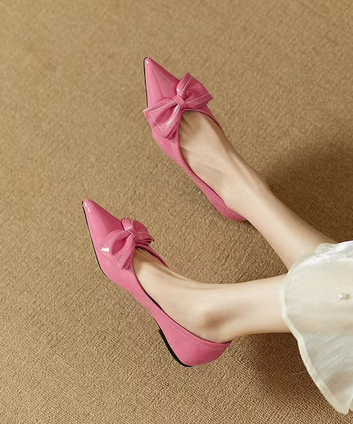 Leather Pointed Flat Shoes Rose Splicing Faux Toe Fitted Bow FashionChic