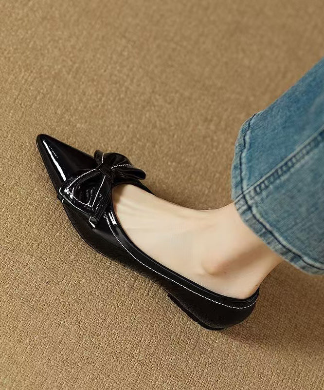 Leather Pointed Flat Shoes Rose Splicing Faux Toe Fitted Bow FashionChic