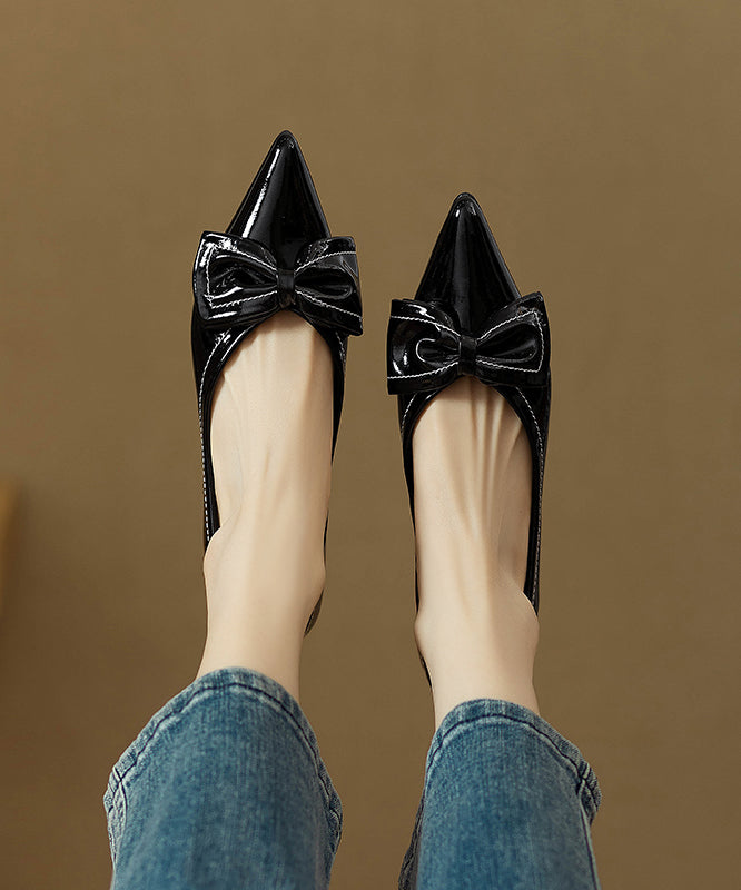 Leather Pointed Flat Shoes Rose Splicing Faux Toe Fitted Bow FashionChic