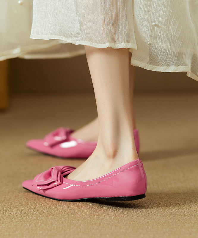 Leather Pointed Flat Shoes Rose Splicing Faux Toe Fitted Bow FashionChic