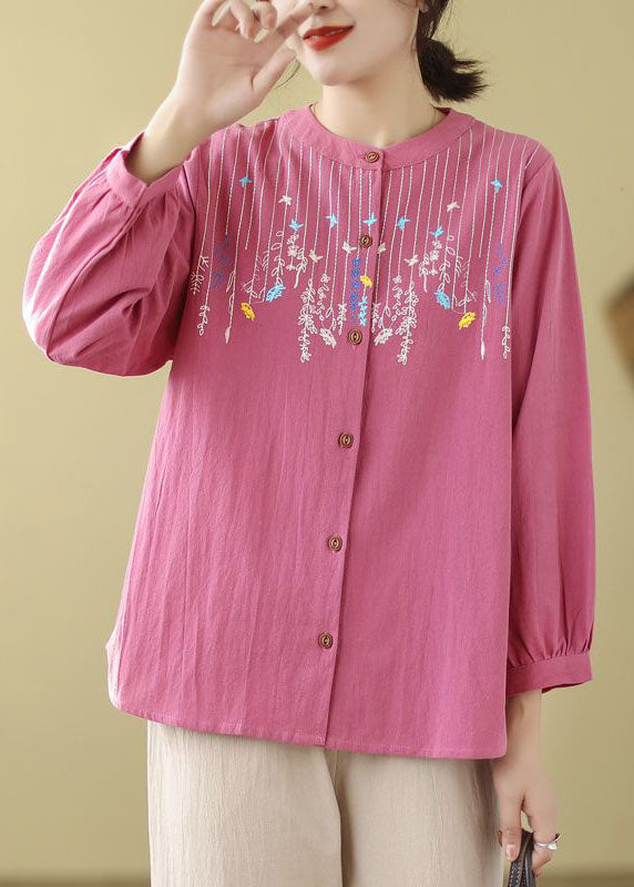 Rose Linen Top Embroidered Stand Collar Button Long Sleeve FF004 MZF-LTP240607