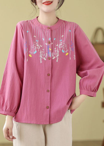 Rose Linen Top Embroidered Stand Collar Button Long Sleeve FF004 MZF-LTP240607