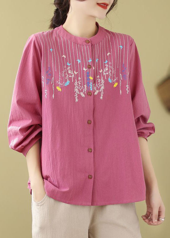 Rose Linen Top Embroidered Stand Collar Button Long Sleeve FF004 MZF-LTP240607