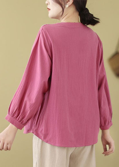 Rose Linen Top Embroidered Stand Collar Button Long Sleeve FF004 MZF-LTP240607