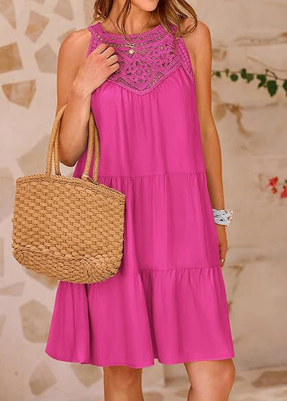 Patchwork Cotton Rose Dress Hollow Out Sleeveless Mini FashionChic