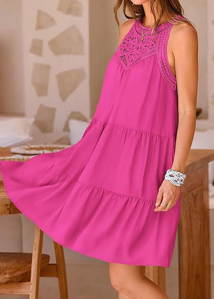 Patchwork Cotton Rose Dress Hollow Out Sleeveless Mini FashionChic