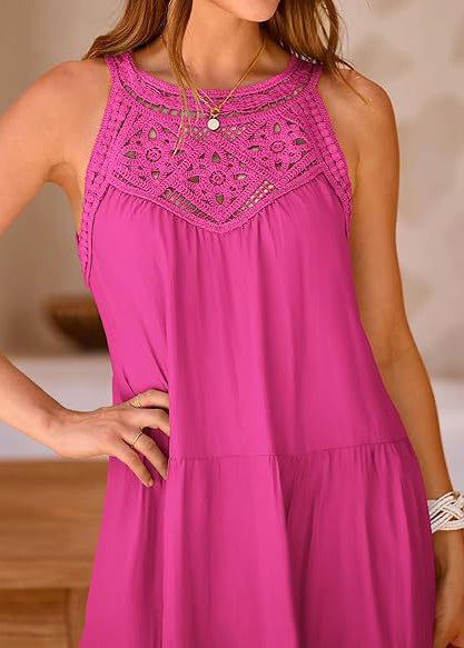 Patchwork Cotton Rose Dress Hollow Out Sleeveless Mini FashionChic