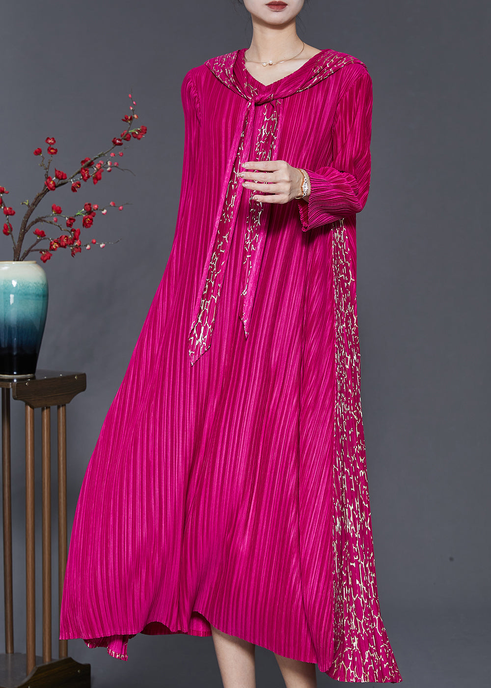 Rose Patchwork Pleated Dress Hooded Exra Large Hem Spring SD1028 Ada Fashion