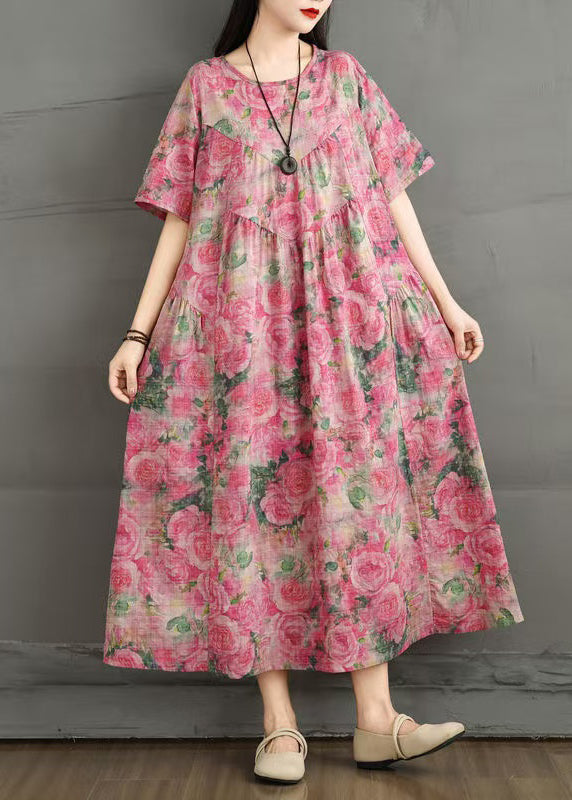 Summer Dress Print Rose Ankle Cotton Oversized FashionChic