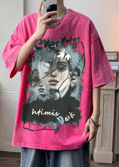 Men Shirts Half Rose Cotton T Print Sleeve Oversized FashionChic