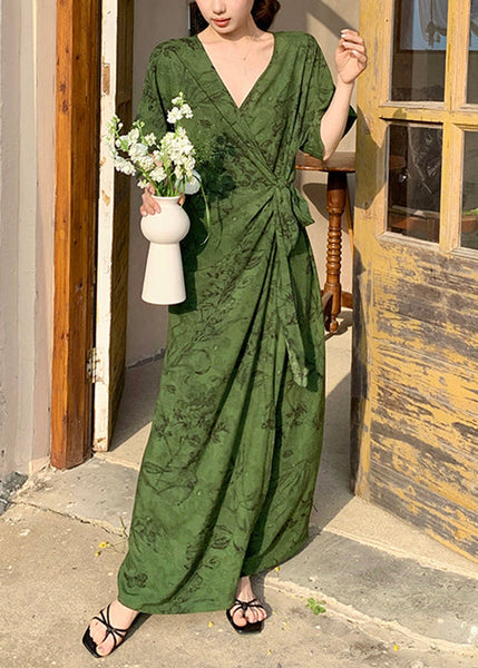 Cotton Rose Dress Print Waist Summer V Neck Tie Long FashionChic