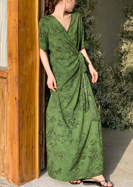 Cotton Rose Dress Print Waist Summer V Neck Tie Long FashionChic