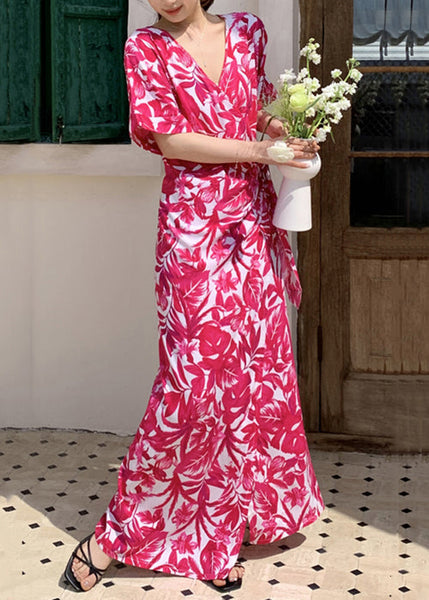 Cotton Rose Dress Print Waist Summer V Neck Tie Long FashionChic