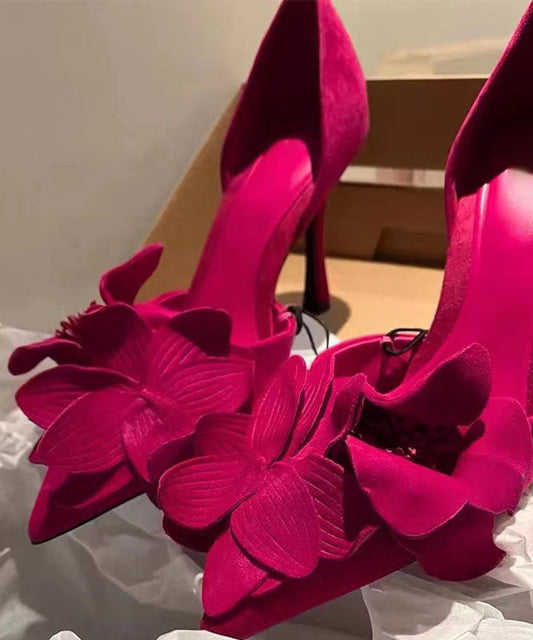 Toe Suede Rose Chic Splicing Floral High Heels Pointed FashionChic