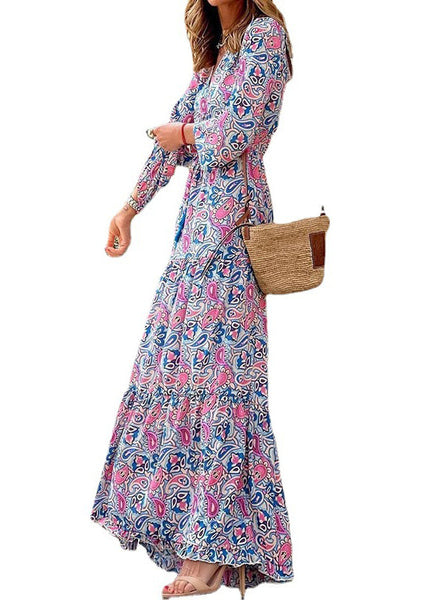 Rose Tie Waist Fall Maxi Dress V Neck QA024 OM-BB241009