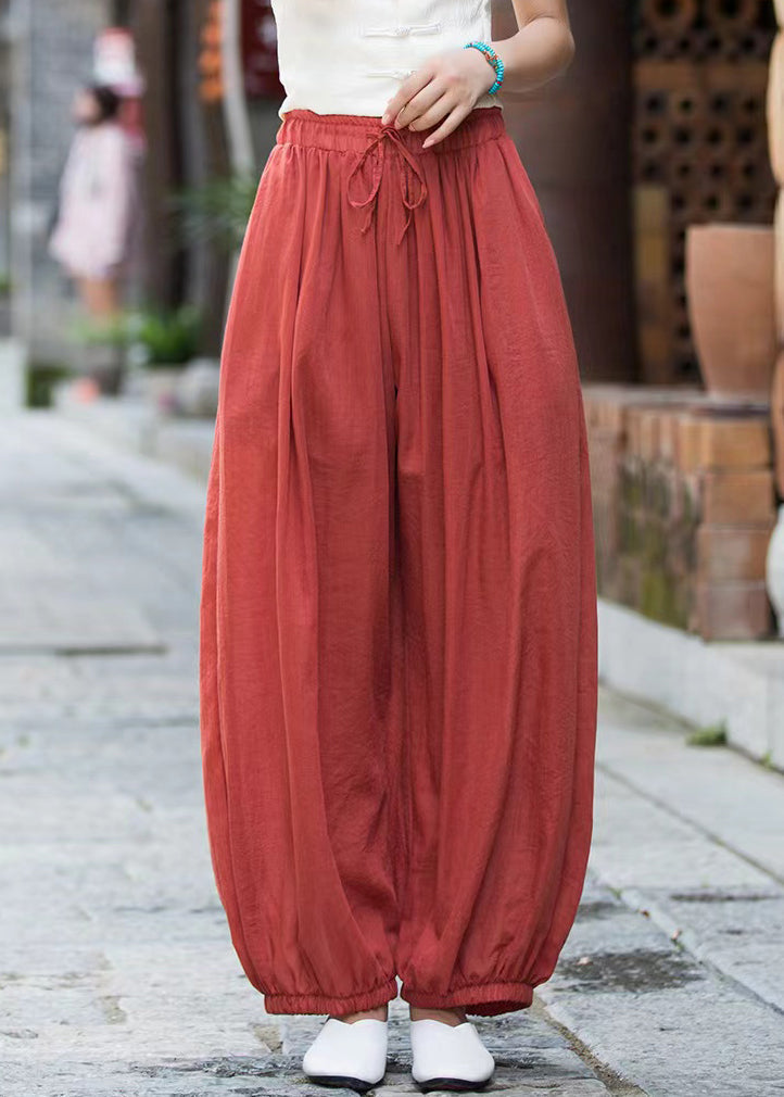 Rust Lace Up Solid Linen Crop Pants Elastic Waist QE053 MZF-CPTS240927