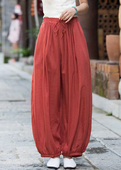 Rust Lace Up Solid Linen Crop Pants Elastic Waist QE053 MZF-CPTS240927