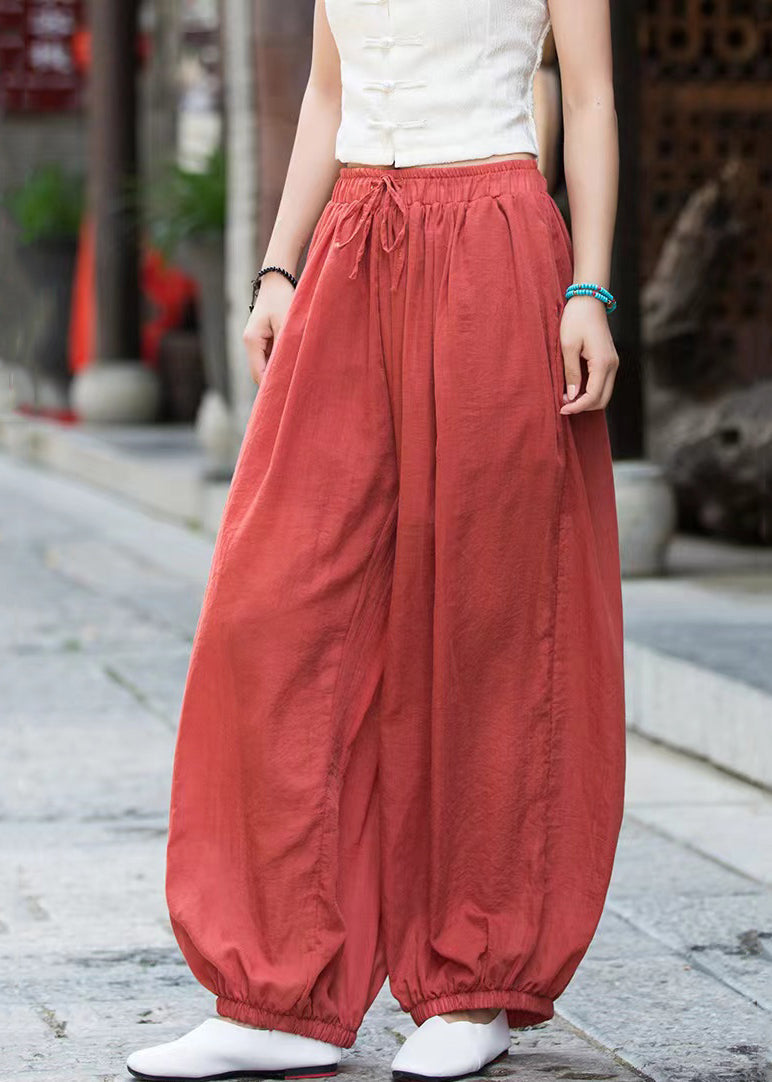 Rust Lace Up Solid Linen Crop Pants Elastic Waist QE053 MZF-CPTS240927