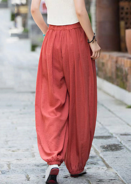 Rust Lace Up Solid Linen Crop Pants Elastic Waist QE053 MZF-CPTS240927