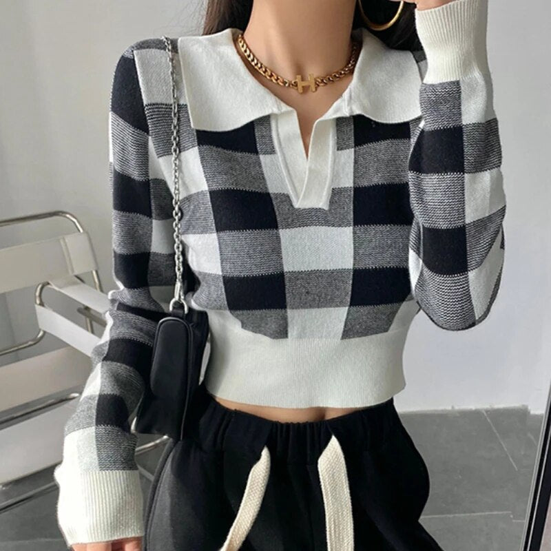 Autumn Winter Vintage Knitwear Crop Tops Women Pullover Sweaters Fashion Female Long Sleeve Elastic Casual Plaid Knitted Shirts Furdela