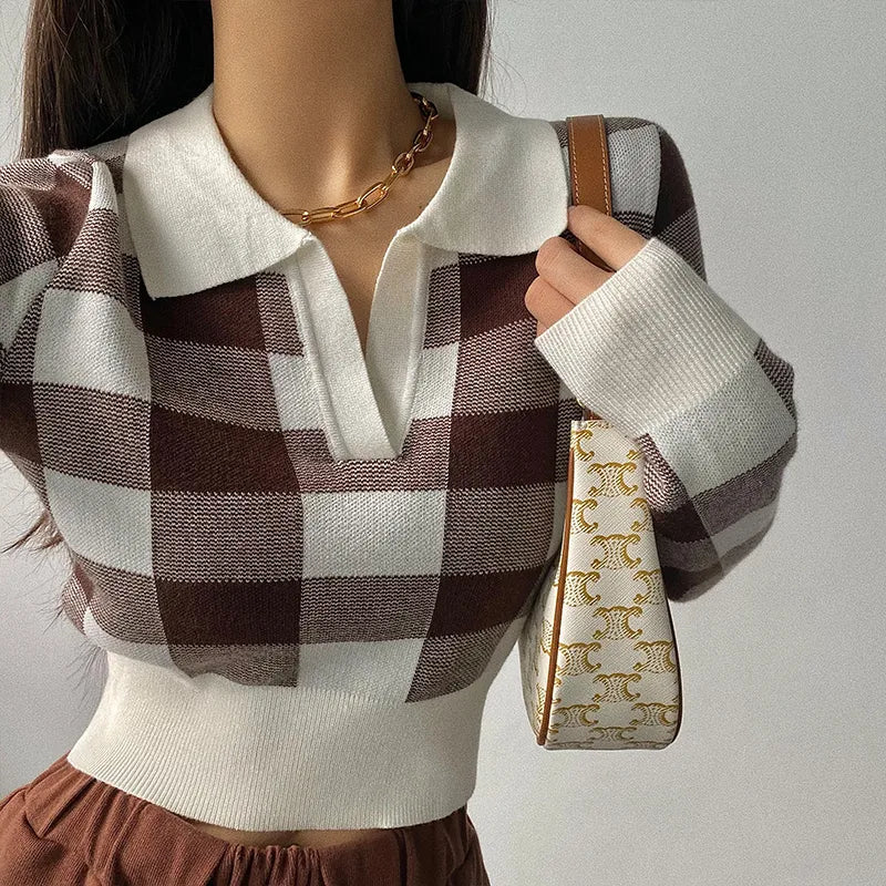 Autumn Winter Vintage Knitwear Crop Tops Women Pullover Sweaters Fashion Female Long Sleeve Elastic Casual Plaid Knitted Shirts Furdela