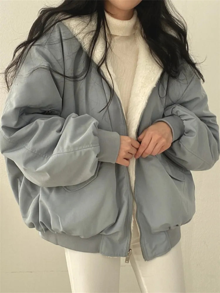 Cyflymder Winter Thicken Warm Parkas Women Oversized Kawaii Double Sided Hooded Coat Ladies Korean Fashion Casual Loose Zip Up Jackets Furdela