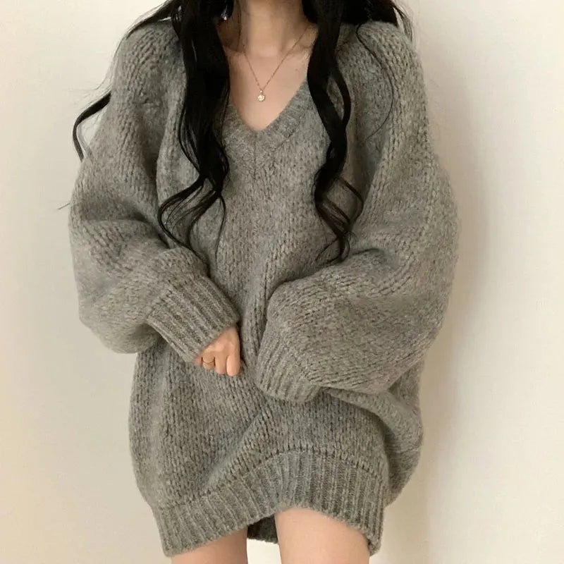 Autumn Winter Women Knitted Sweaters Fashion Korean Oversized Simple V Neck Pullover Harajuku Solid Puff Sleeves Casual Jumpers Furdela