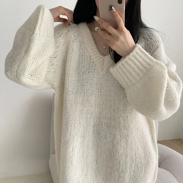 Autumn Winter Women Knitted Sweaters Fashion Korean Oversized Simple V Neck Pullover Harajuku Solid Puff Sleeves Casual Jumpers Furdela