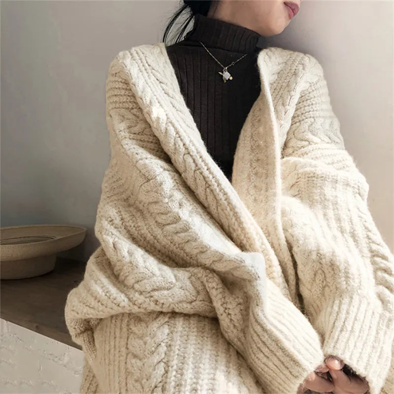 Women Loose Warm Long Cardigan Coat Solid Long Sleeve Knit Thicken Sweater Coat Women Autumn Winter Streetwear Outerwear Furdela
