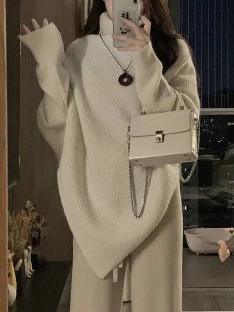 Winter Turtlenecks Women Korean Irregular Knitted Sweater Female Warm Solid Color Pullovers Lady Casual Loose Long Sleeve Jumper Furdela