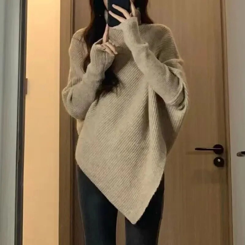 Winter Turtlenecks Women Korean Irregular Knitted Sweater Female Warm Solid Color Pullovers Lady Casual Loose Long Sleeve Jumper Furdela