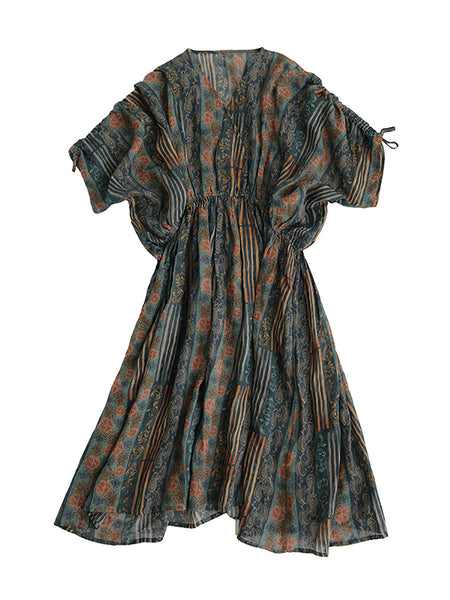 Plus Size Women Summer Artsy Print V-Neck Ramie Dress LL054 BUYKUD