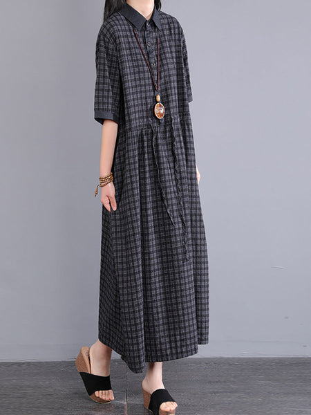 Plus Size Women Artsy Plaid Cotton Linen Dress KL1021 Ada Fashion
