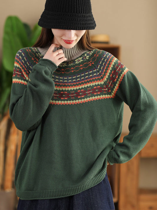 Women Vintage Autumn Jacquard Half Turtleneck Sweater AI1005 BUYKUD